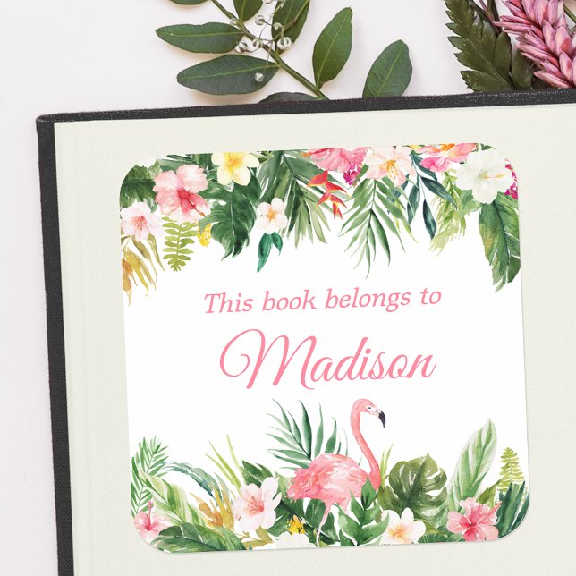 Watercolor Tropical Pink Flamingo Bookplate Labels (Customize to change text size, color or text style.)