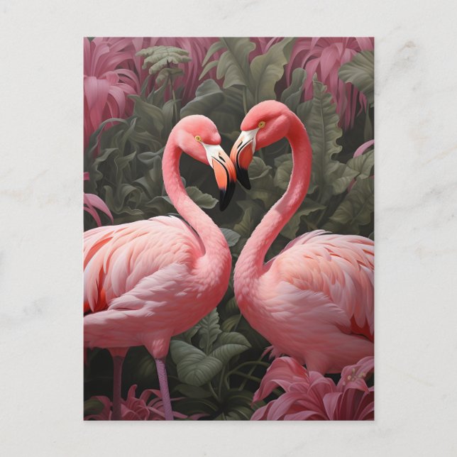 Watercolor Tropical Pink Flamingo Romance Announcement Postcard (Front)