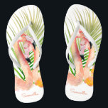 Watercolor Tropical Pink Flamingos with Your Name Thongs<br><div class="desc">Escape to a tropical paradise with this unique pair of personalised flip flops featuring a pair of showy pink flamingos and palm fronds. Edit the sample name shown in the design template for both the left and right shoe. These make wonderful gifts for all occasions and are especially nice for...</div>