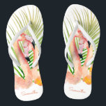 Watercolor Tropical Pink Flamingos with Your Name Thongs<br><div class="desc">Escape to a tropical paradise with this unique pair of personalised flip flops featuring a pair of showy pink flamingos and palm fronds. Edit the sample name shown in the design template for both the left and right shoe. These make wonderful gifts for all occasions and are especially nice for...</div>