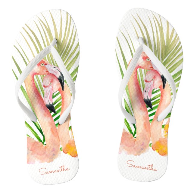 Watercolor Tropical Pink Flamingos with Your Name Thongs (Footbed)