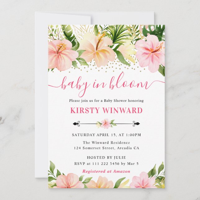 Watercolor Tropical Pink Flowers Baby Shower Invitation (Front)