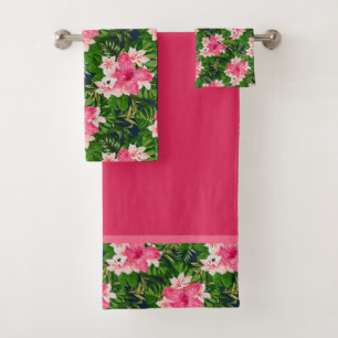 Watercolor Tropical Pink Flowers Bath Towel Set