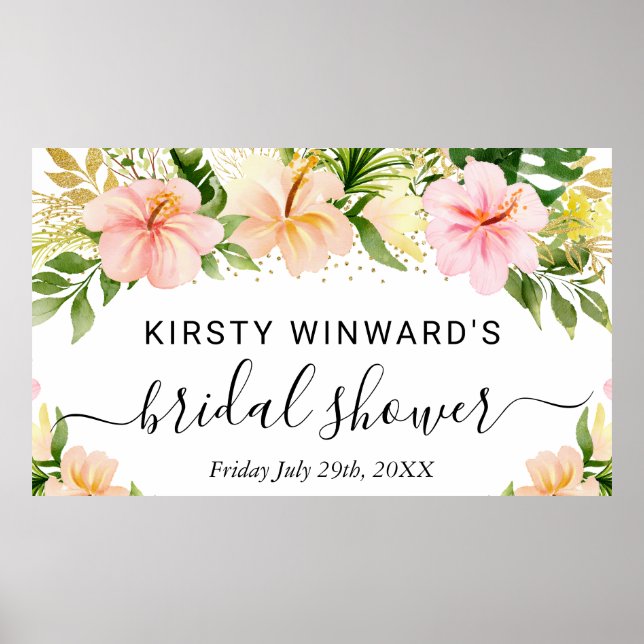 Watercolor Tropical Pink Flowers Bridal Shower Poster (Front)