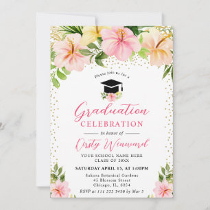 Watercolor Tropical Pink Flowers Graduation Invitation