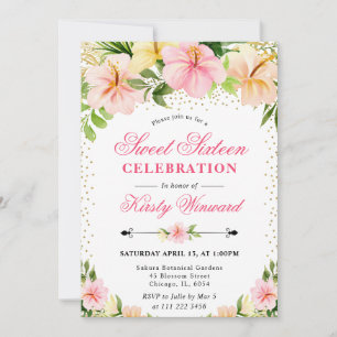 Watercolor Tropical Pink Flowers Sweet Sixteen Invitation