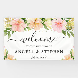 Watercolor Tropical Pink Flowers Wedding Welcome Banner
