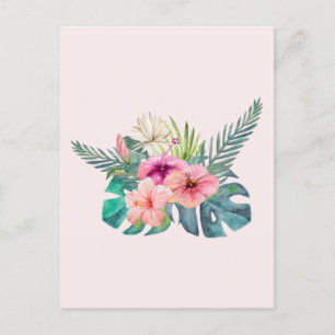 Watercolor Tropical Pink Hibiscus Flowers  Postcard