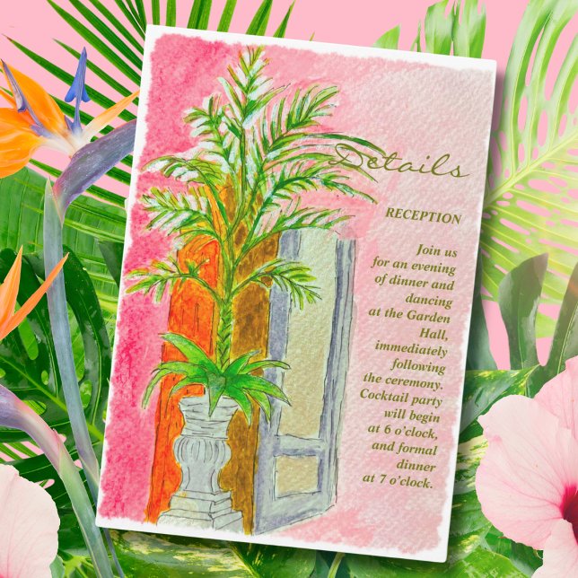 Watercolor Tropical Pink Wedding Details Card (Creator Uploaded)