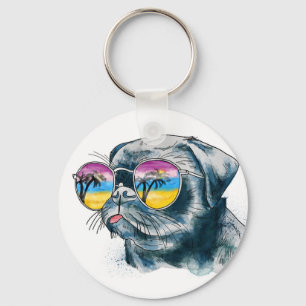 Watercolor Tropical Puppy Key Ring