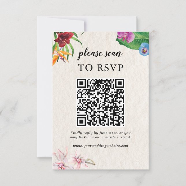 Watercolor Tropical QR Wedding Scan to RSVP Card (Front)