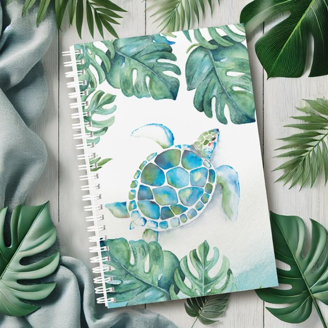 Watercolor Tropical Sea Turtle Planner (Planner features watercolor sea turtle and tropical monstera palm leaf art by Victoria Grigaliunas)