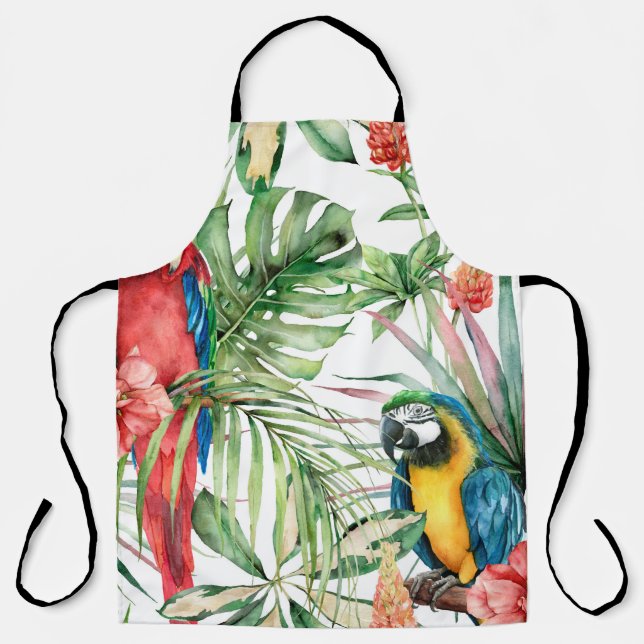 Watercolor tropical seamless pattern with parrots  apron (Front)