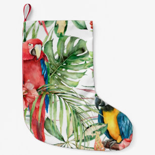 Watercolor tropical seamless pattern with parrots small christmas stocking