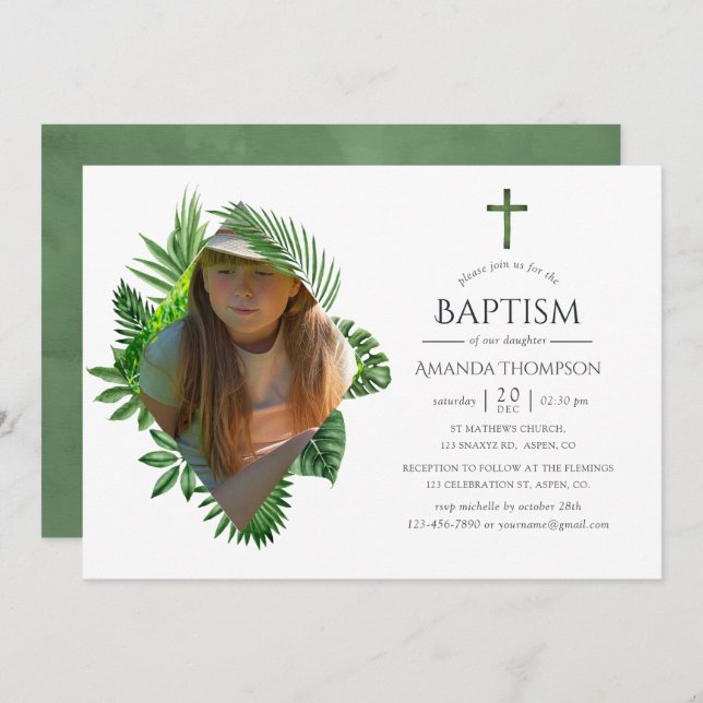 Watercolor Tropical Summer Baptism or Christening Invitation (Front/Back)