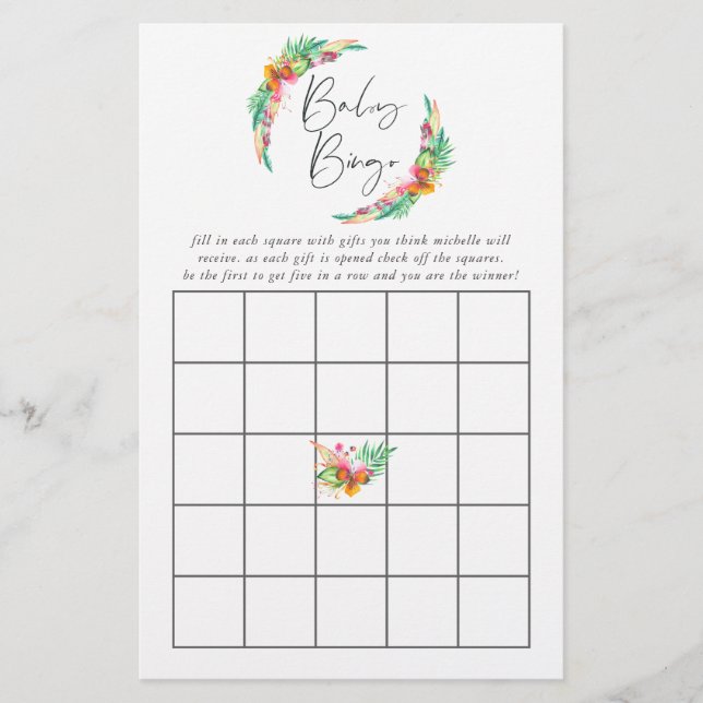 Watercolor Tropical Summer Beach Baby Shower Bingo (Front)