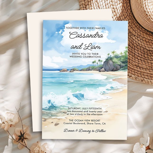 Watercolor Tropical Summer Beach Wedding Invitation (Watercolor Wedding Invitation from the Summer Beach Wedding Collection by Darling & May)