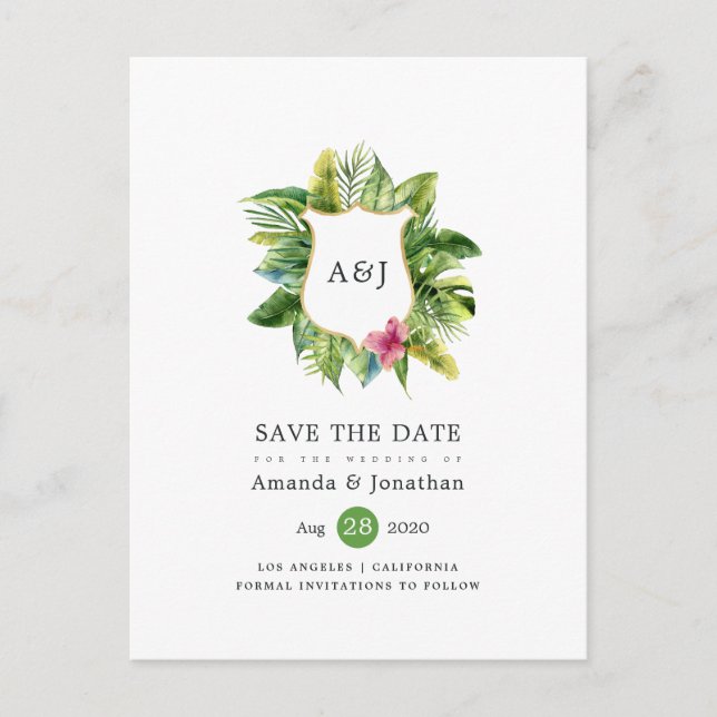Watercolor Tropical Summer Beach Wedding Monogram Announcement Postcard (Front)