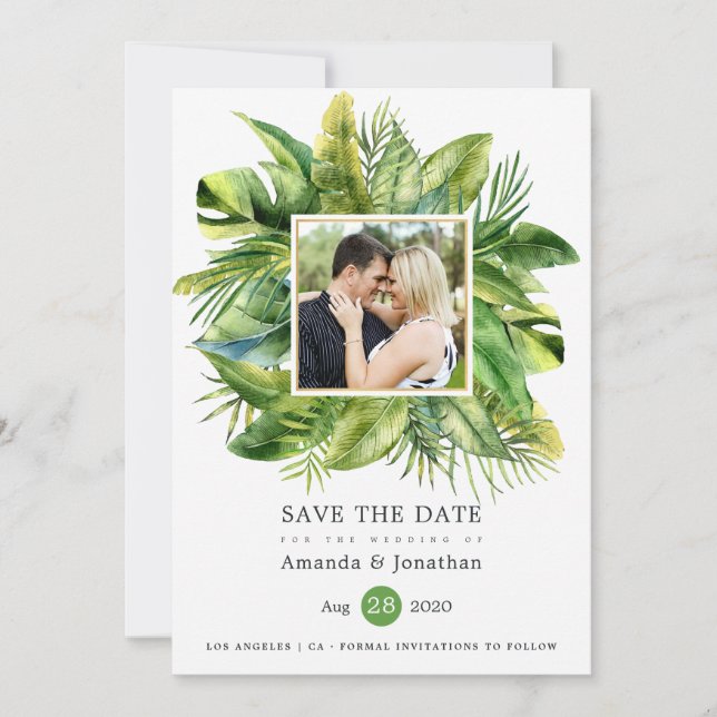 Watercolor Tropical Summer Beach Wedding Photo Save The Date (Front)
