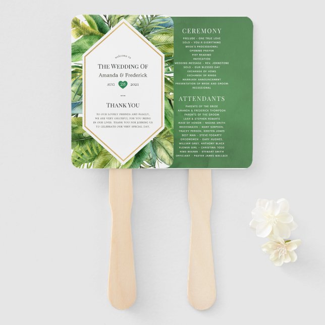 Watercolor Tropical Summer Beach Wedding Program Hand Fan (Front and Back)