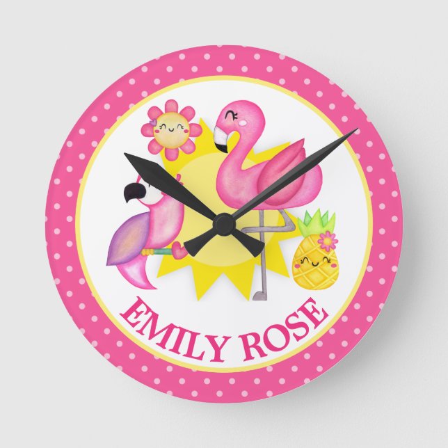 Watercolor Tropical Summer Flamingo & Parrot Round Clock (Front)