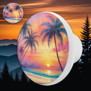 Watercolor Tropical Sunset Beach  Ceramic Knob