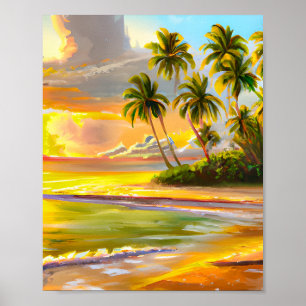 Watercolor Tropical Sunset Beach Painting Poster