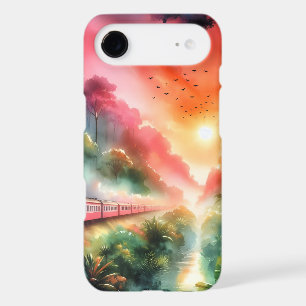 Watercolor Tropical Sunset Train Journey