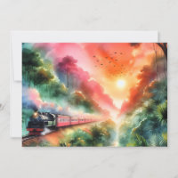 Watercolor Tropical Sunset Train Journey
