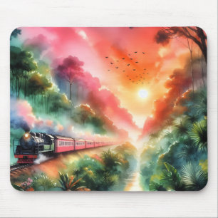 Watercolor Tropical Sunset Train Journey Mouse Pad