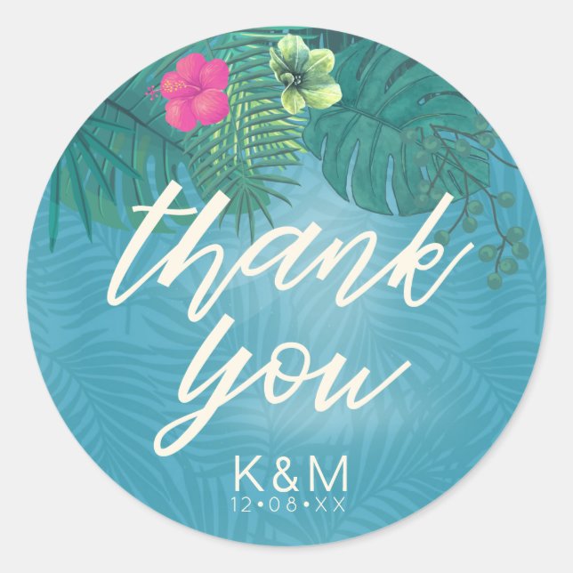 Watercolor Tropical Thank You Teal ID577 Classic Round Sticker (Front)