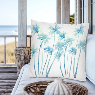 Watercolor Tropical Turquoise Palm Trees Cushion