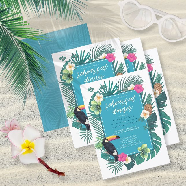 Watercolor Tropical w/Toucan Rehearsal Teal ID577 Invitation (Front/Back In Situ)