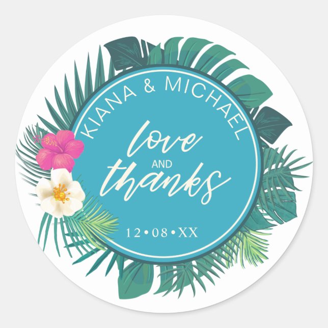 Watercolor Tropical Wedding Favour Teal ID577 Classic Round Sticker (Front)