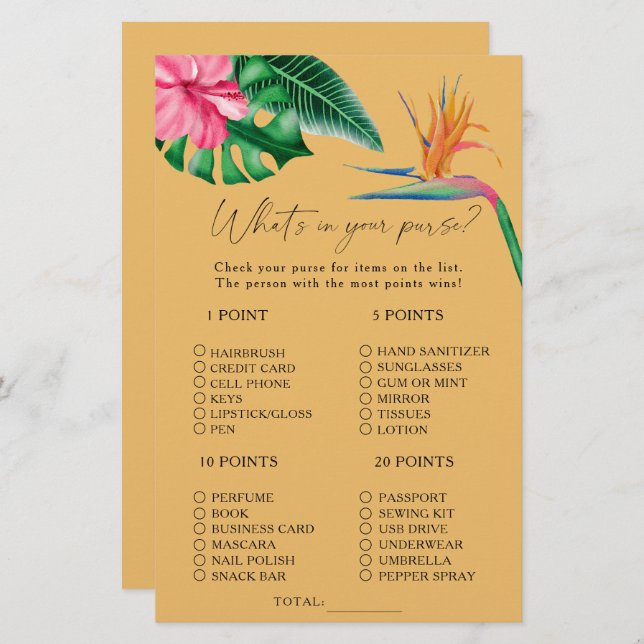 Watercolor tropical - What's in your purse game (Front/Back)