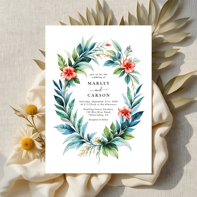 Watercolor Tropical Wreath Greenery Wedding Invitation (Creator Uploaded)