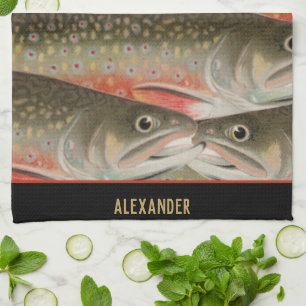 Watercolor Trout Pattern Fisherman chef cook  Tea Towel