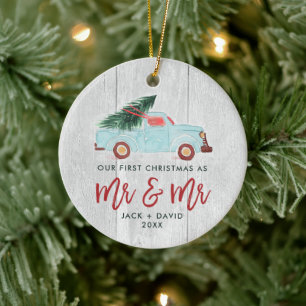 Watercolor Truck Personalised Mr & Mr Wedding Ceramic Ornament