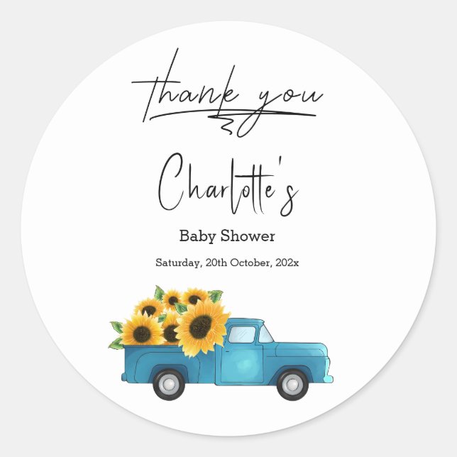 Watercolor Truck With Sunflowers Baby Shower Classic Round Sticker (Front)