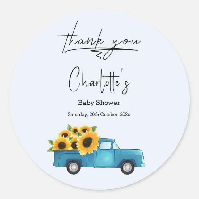 Watercolor Truck With Sunflowers Baby Shower Classic Round Sticker (Front)
