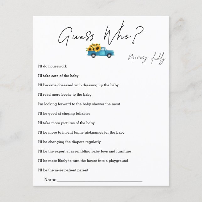 Watercolor Truck with Sunflowers Guess Who Game (Front)