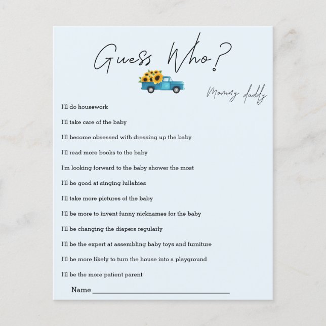 Watercolor Truck with Sunflowers Guess Who Game (Front)