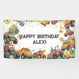 Watercolor Trucks Birthday Banner Construction Car