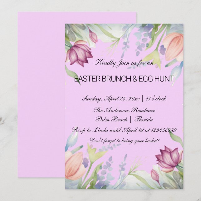Watercolor Tulip Floral Easter Brunch & Egg Hunt Invitation (Front/Back)