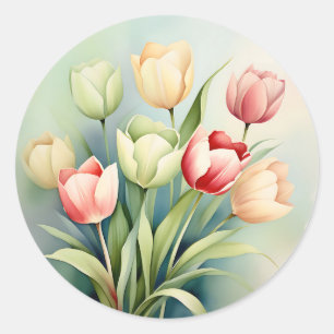 Watercolor Tulip Garden On Sage Green Classic Round Sticker