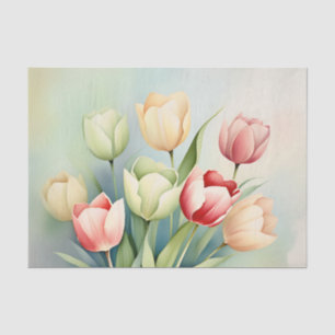 Watercolor Tulip Garden On Sage Green Tissue Paper
