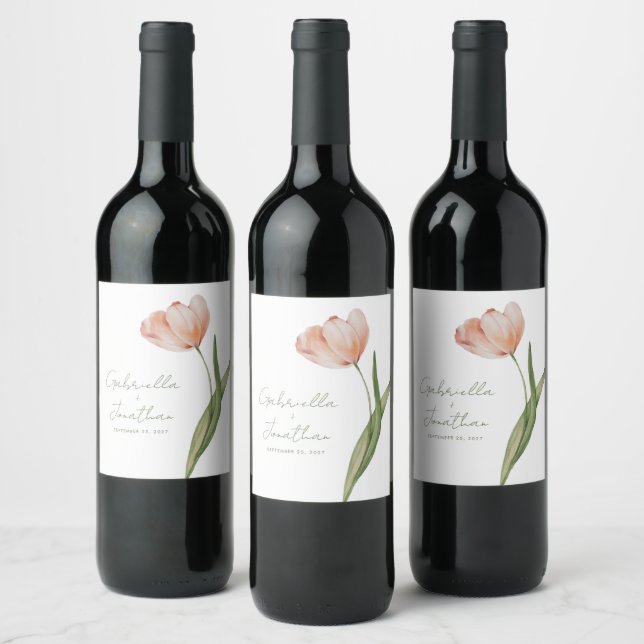 Watercolor Tulip Modern Minimalist Wedding Wine Label (Bottles)