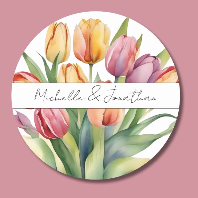 Watercolor Tulip Monogram Classic Round Sticker (Creator Uploaded)