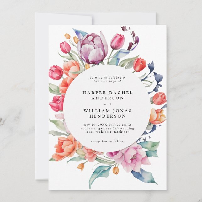 Watercolor tulip round frame invitation (Front)