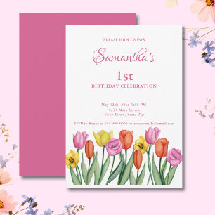 Watercolor Tulips 1st Birthday Invitation